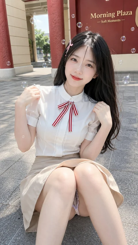 A person sits on stone steps outdoors, wearing a pale skirt and a white blouse accented by a red ribbon.