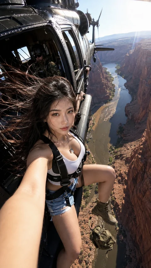 A woman in dark outdoor clothing sits at an open helicopter doorway above a deep canyon and winding river.