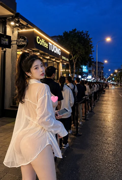 A person in a light cover-up looks back toward the camera beside a line of people outside a warmly lit cafe at night.