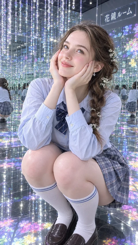 A woman in a blue blouse and plaid skirt crouches among reflective curtains and bright decorative lights.