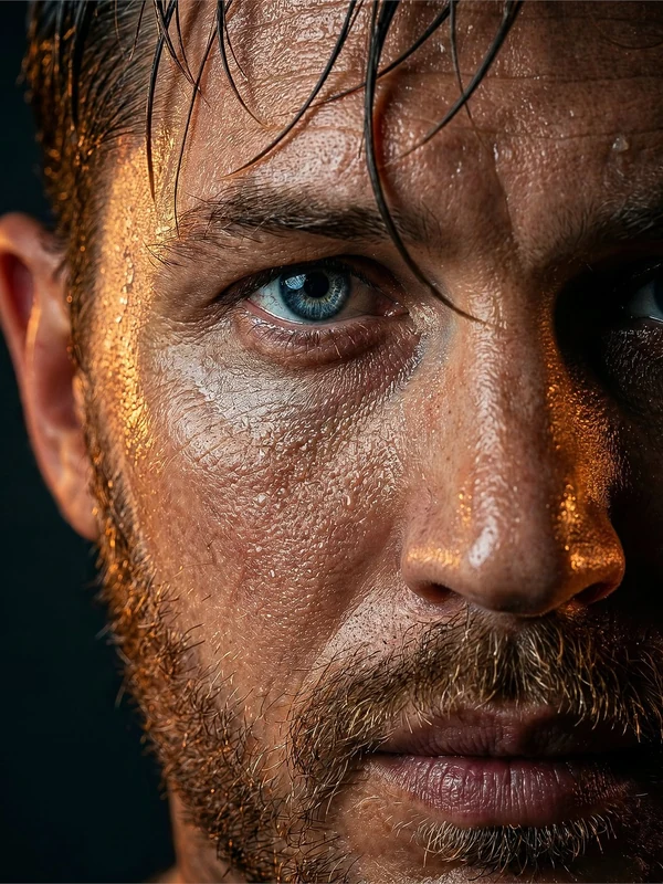 Dramatic close portrait in warm side light