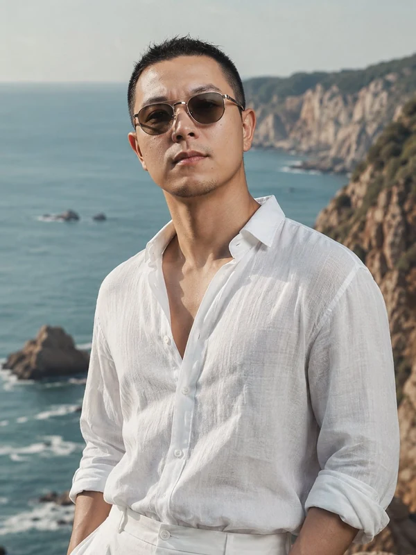 Linen outfit on a rocky coastline