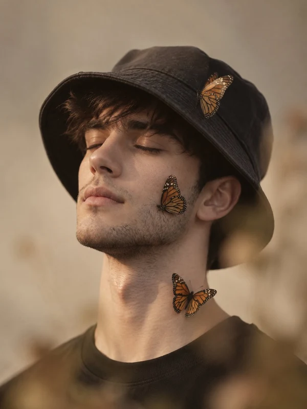 Portrait with butterflies and a brown hat