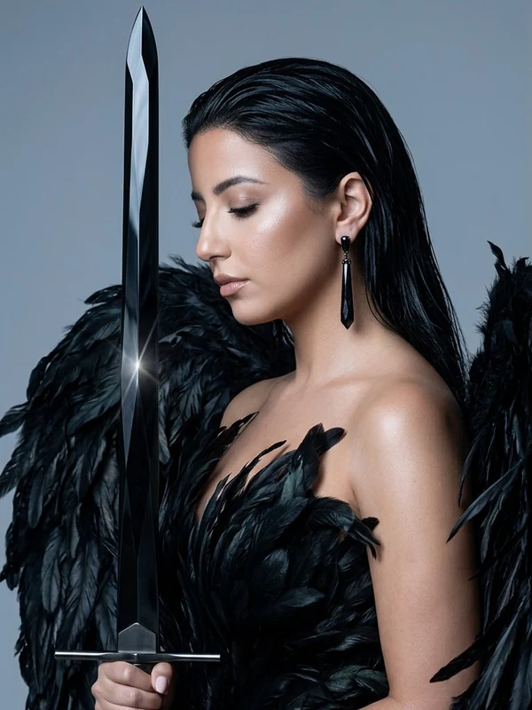 Black-feather couture against a slate backdrop