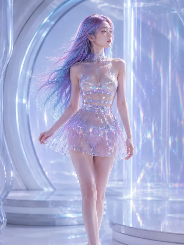 Iridescent fashion styling in a violet light installation