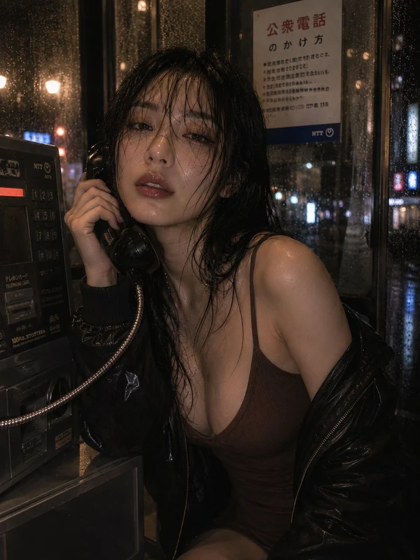 Rainy-night portrait beside a telephone booth
