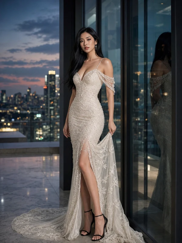 Ivory lace gown against a twilight skyline